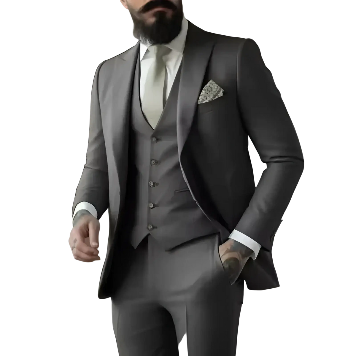 Light sage green three piece suit for men with subtle sheen charcoal gray fabric matching buttons and patterned pocket square