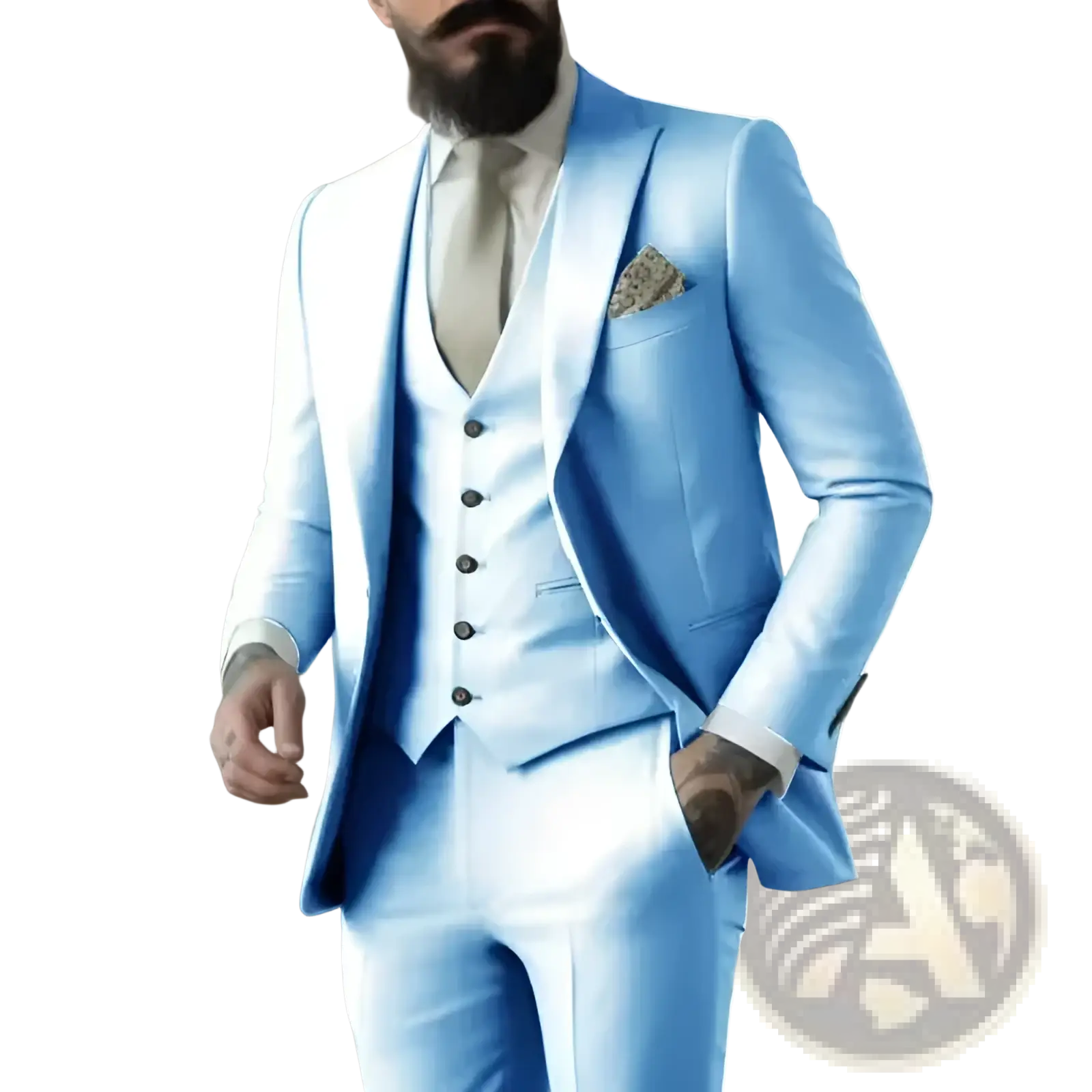 A sleek light blue tailored three piece suit for men with a subtle sheen and modern fit