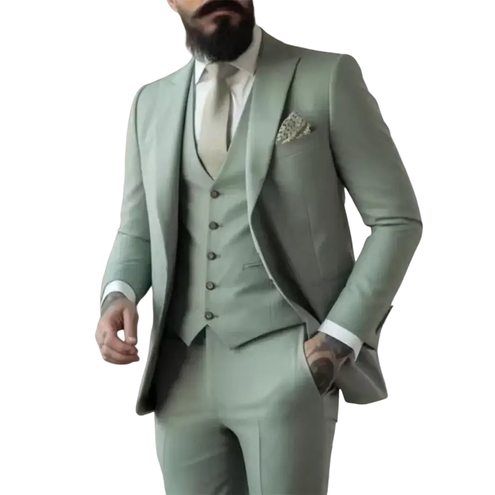 Light sage green three piece suit for men with tailored fit and subtle texture in a sleek design