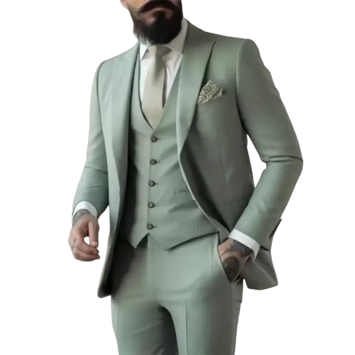 Light sage green three piece suit for men with tailored fit and subtle texture in a sleek design