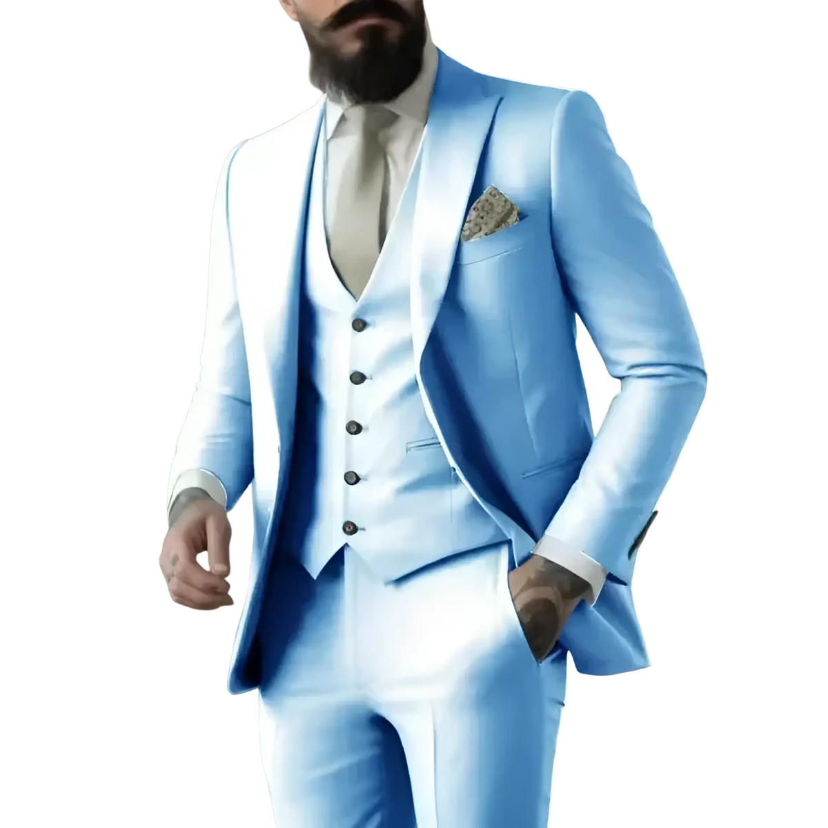 A sleek light blue tailored three piece suit for men with a subtle sheen and modern fit