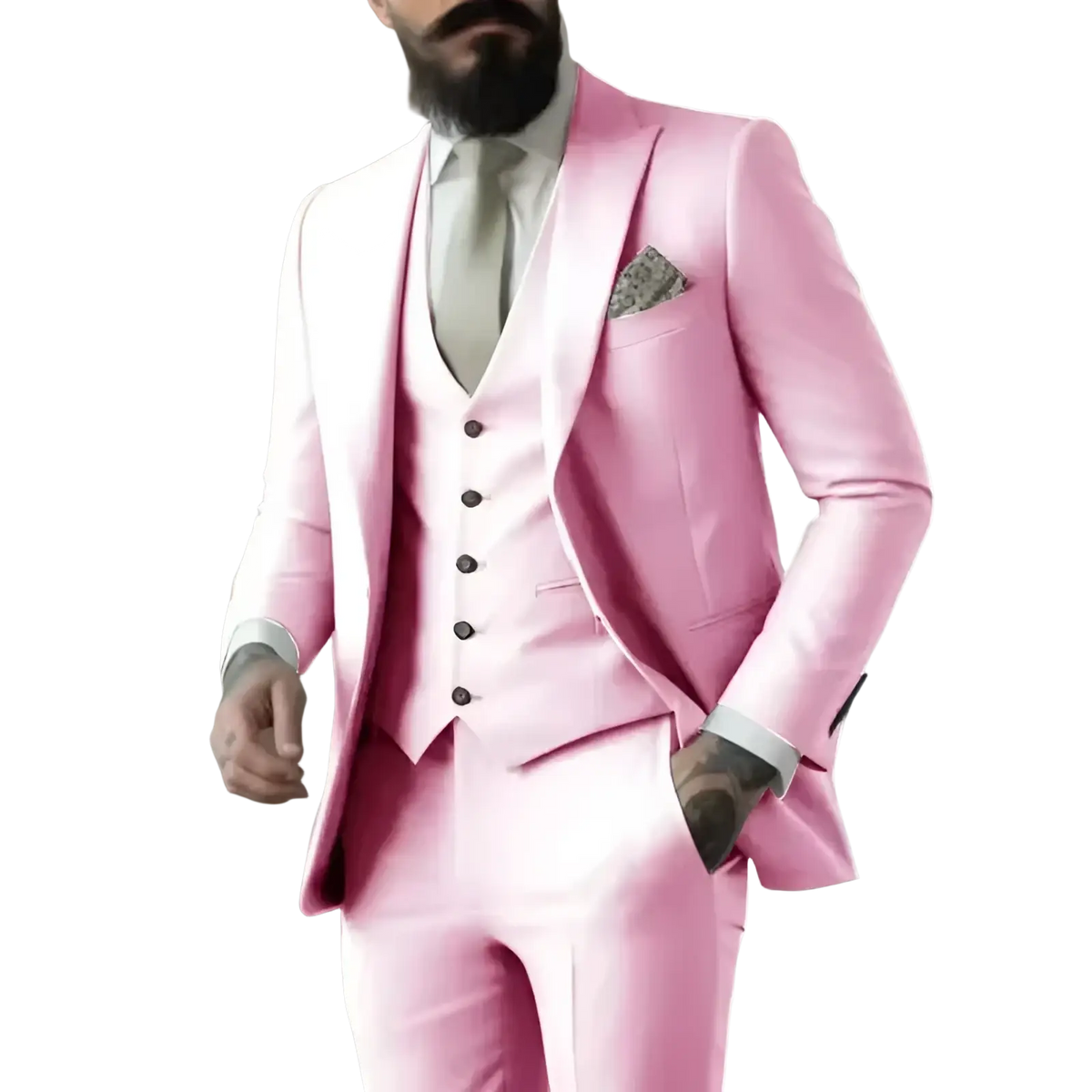 A sleek three-piece pink suit with a tailored fit and matching vest in light sage green for men