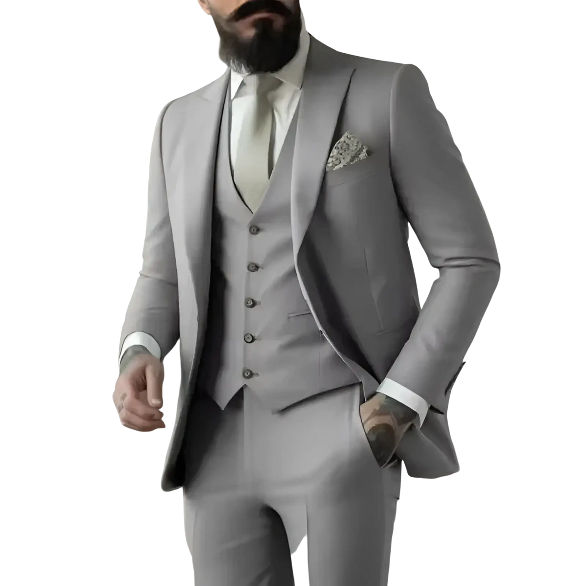 A tailored light sage green three piece suit for men with subtle texture featuring matching vest and trousers
