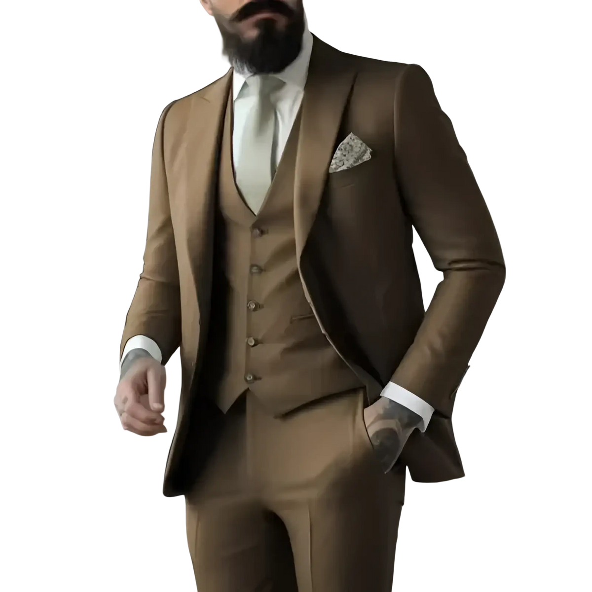 Light sage green three piece suit for men with tailored fit, matching vest and trousers, subtle texture, and elegant lapels