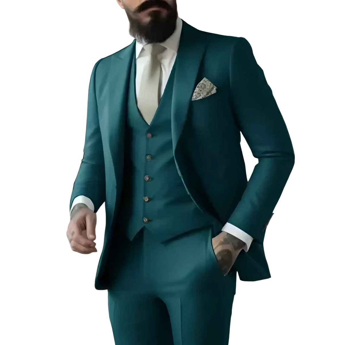 Light sage green three piece suit for men with tailored fit vest and trousers in smooth fabric