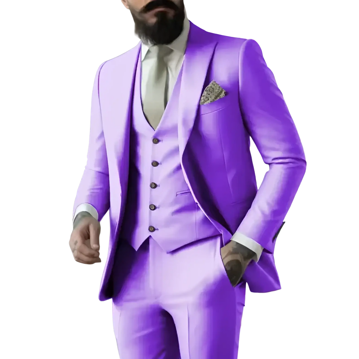 A vibrant purple three-piece suit for men featuring a sleek tailored fit with matching vest