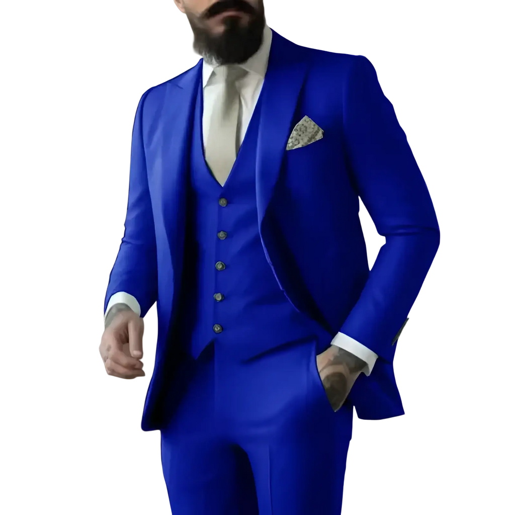 Vibrant royal blue tailored three-piece suit for men with matching vest and trousers accented by gold buttons