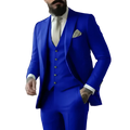 Vibrant royal blue tailored three-piece suit for men with matching vest and trousers accented by gold buttons
