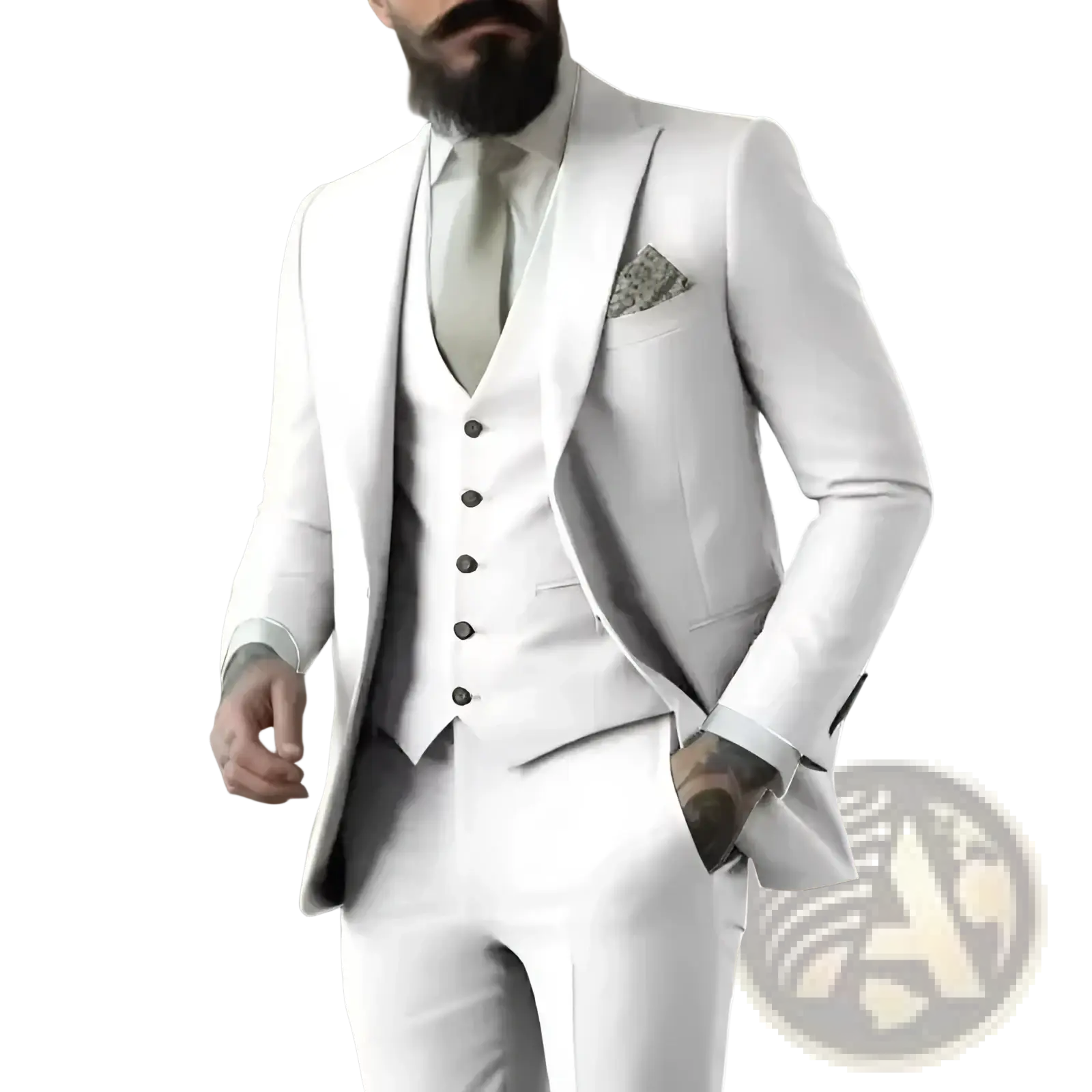 Elegant white three piece suit for men featuring a tailored blazer vest and trousers in light sage green fabric