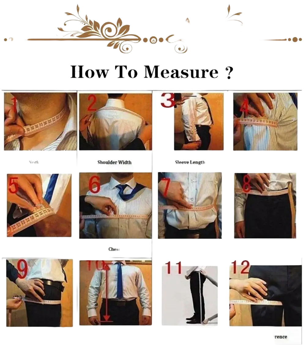 A white measuring tape with black markings for precise body measurements in a light sage green three piece suit for men guide