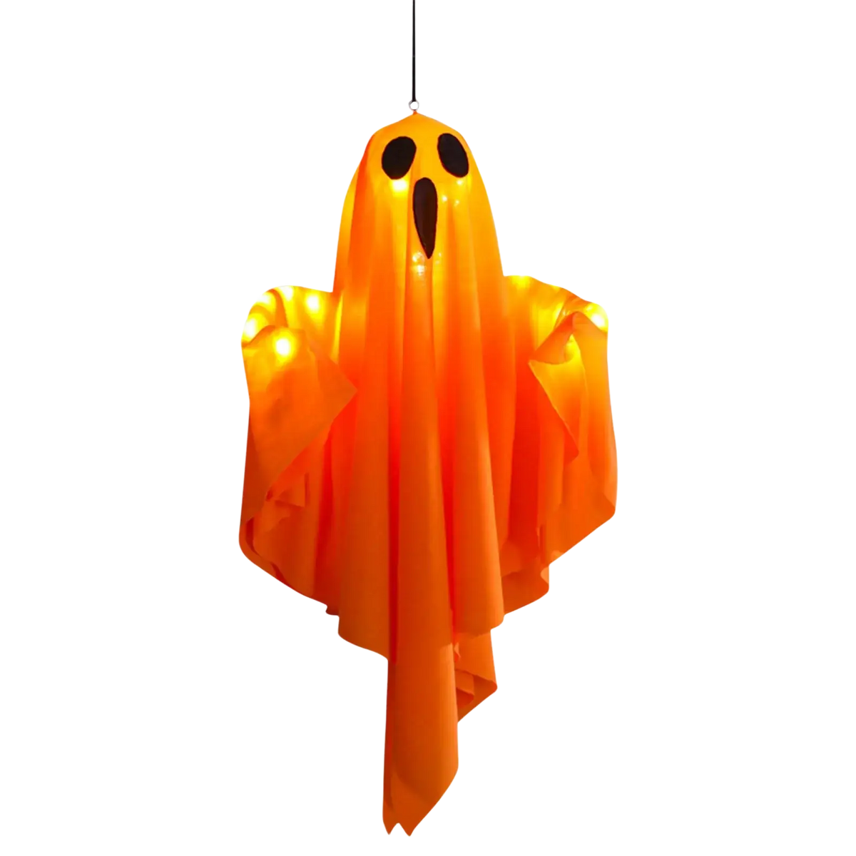 Light up hanging ghost halloween decoration glowing orange with black eye and mouth cutouts 50x40cm for indoor use