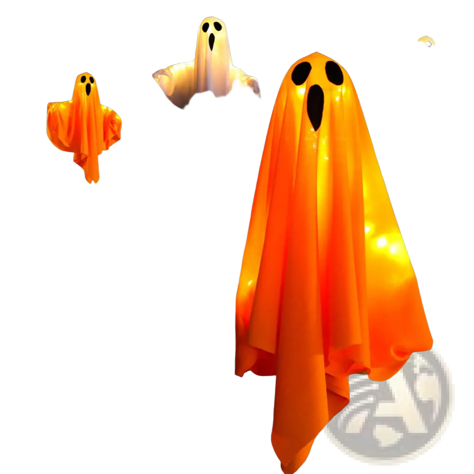 Light up hanging ghost halloween decoration with orange glowing lanterns and black eye mouth cutouts hanging from branches