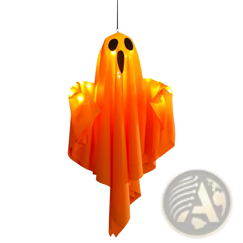 Light up hanging ghost halloween decoration glowing orange with black eye and mouth cutouts 50x40cm for indoor use