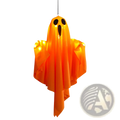 Light up hanging ghost halloween decoration glowing orange with black eye and mouth cutouts 50x40cm for indoor use