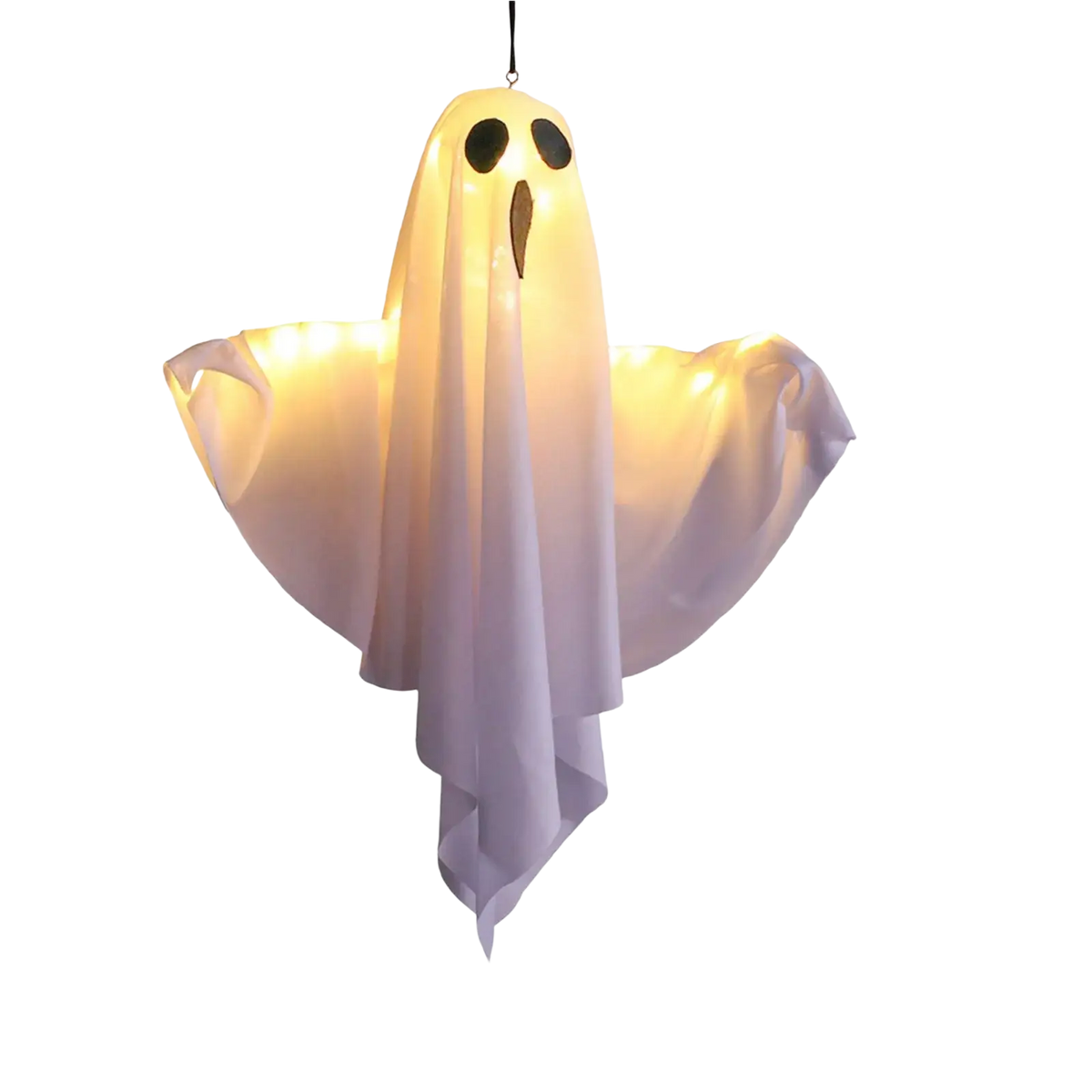 Light up hanging ghost Halloween decoration 50x40cm translucent fabric glowing white with black eyes and brown mouth