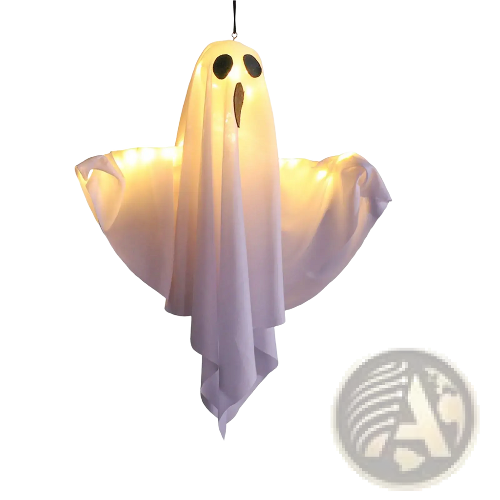 Light up hanging ghost Halloween decoration 50x40cm translucent fabric glowing white with black eyes and brown mouth