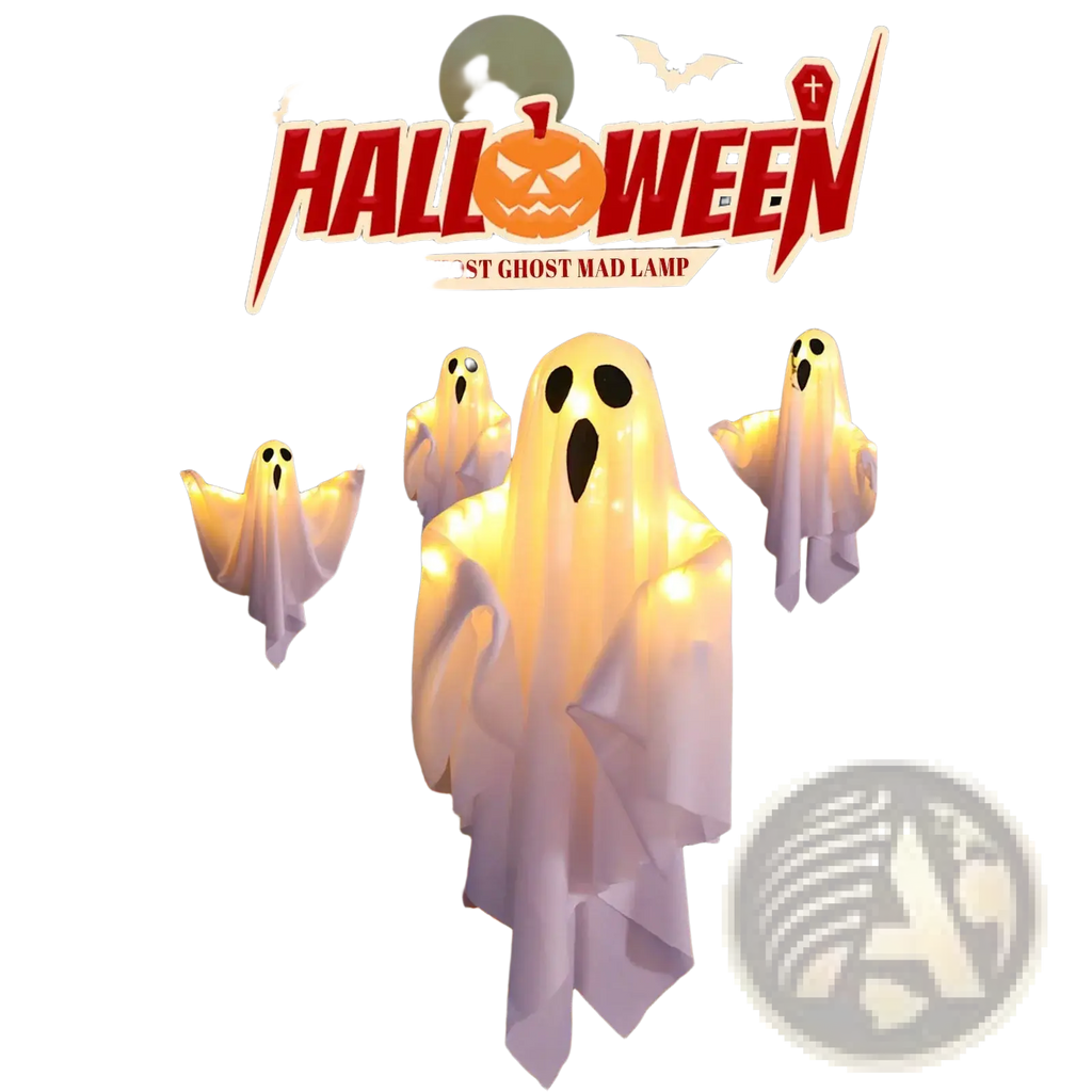 White translucent ghost-shaped halloween light decoration with glowing internal lights for hanging 50x40cm