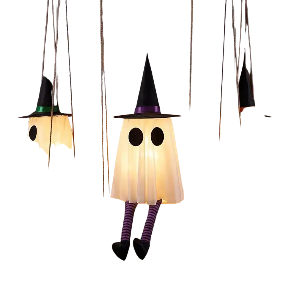 Three illuminated halloween ghost decorations with black witch hats and striped leggings hanging as outdoor swing ghosts