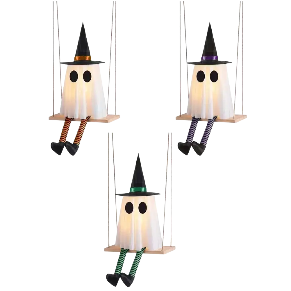 Three halloween ghost decoration lamps with white translucent bodies and colored witch hats hanging from wooden swings