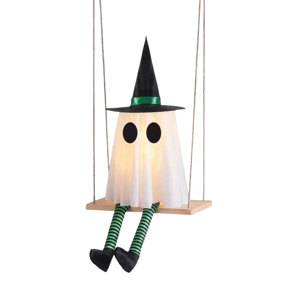 Light up swing ghost decoration with glowing white ghost, black witch hat, green ribbon, and striped legs for outdoor Halloween