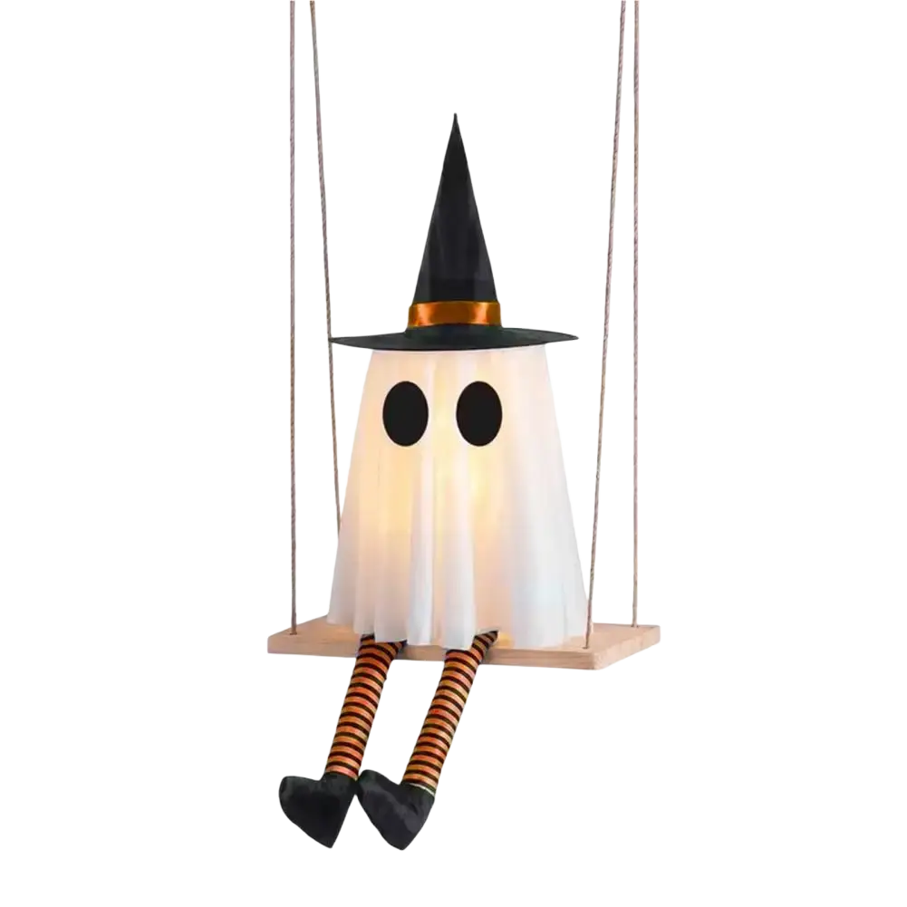 Glowing white swing ghost decoration wearing a black witch hat with orange band for outdoor halloween ghost decor