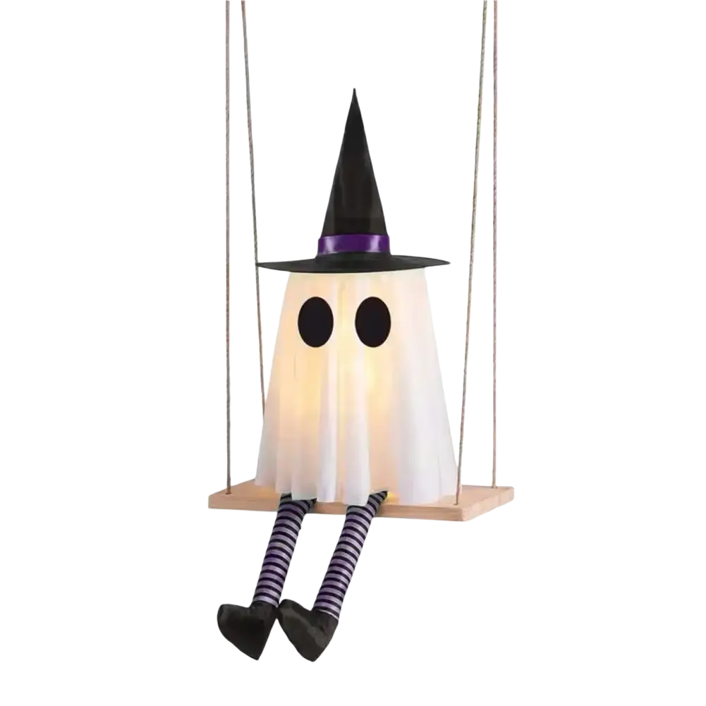 A glowing white swing ghost decoration with black eyes and a black witch hat for outdoor halloween ghost decor