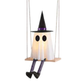 A glowing white swing ghost decoration with black eyes and a black witch hat for outdoor halloween ghost decor