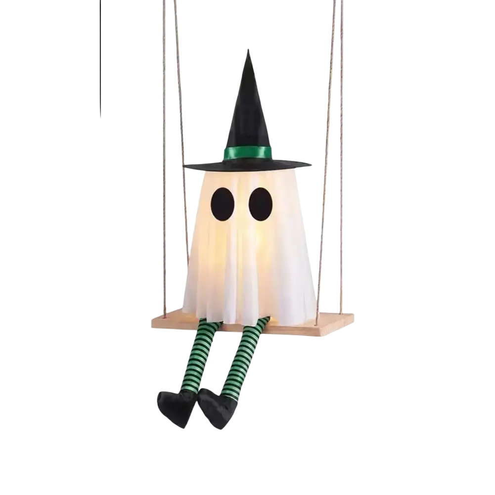 A glowing white swing ghost decoration with black eyes and a pointed black hat for outdoor halloween ghost decor