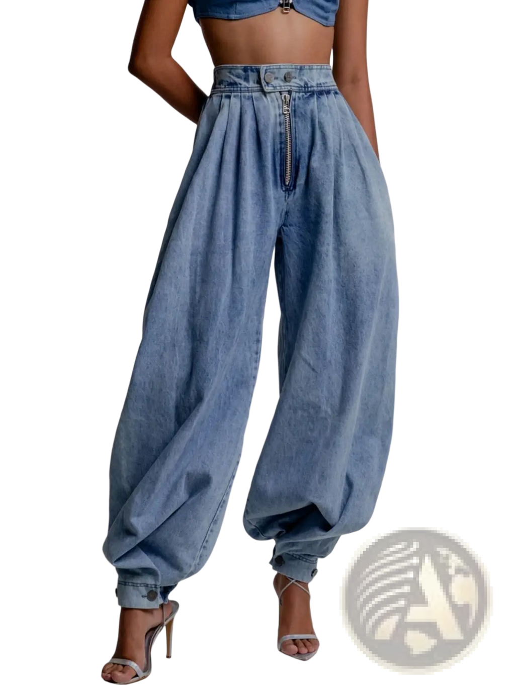 Light wash denim high-rise harem pants with zipper front and cuffed ankles in a casual style