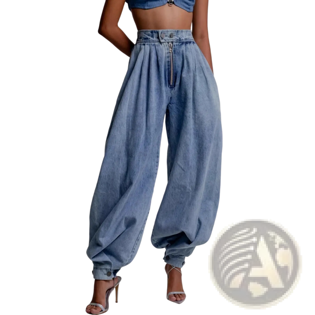 Light wash denim high-rise harem pants with a zipper front and cuffed ankles for casual wear
