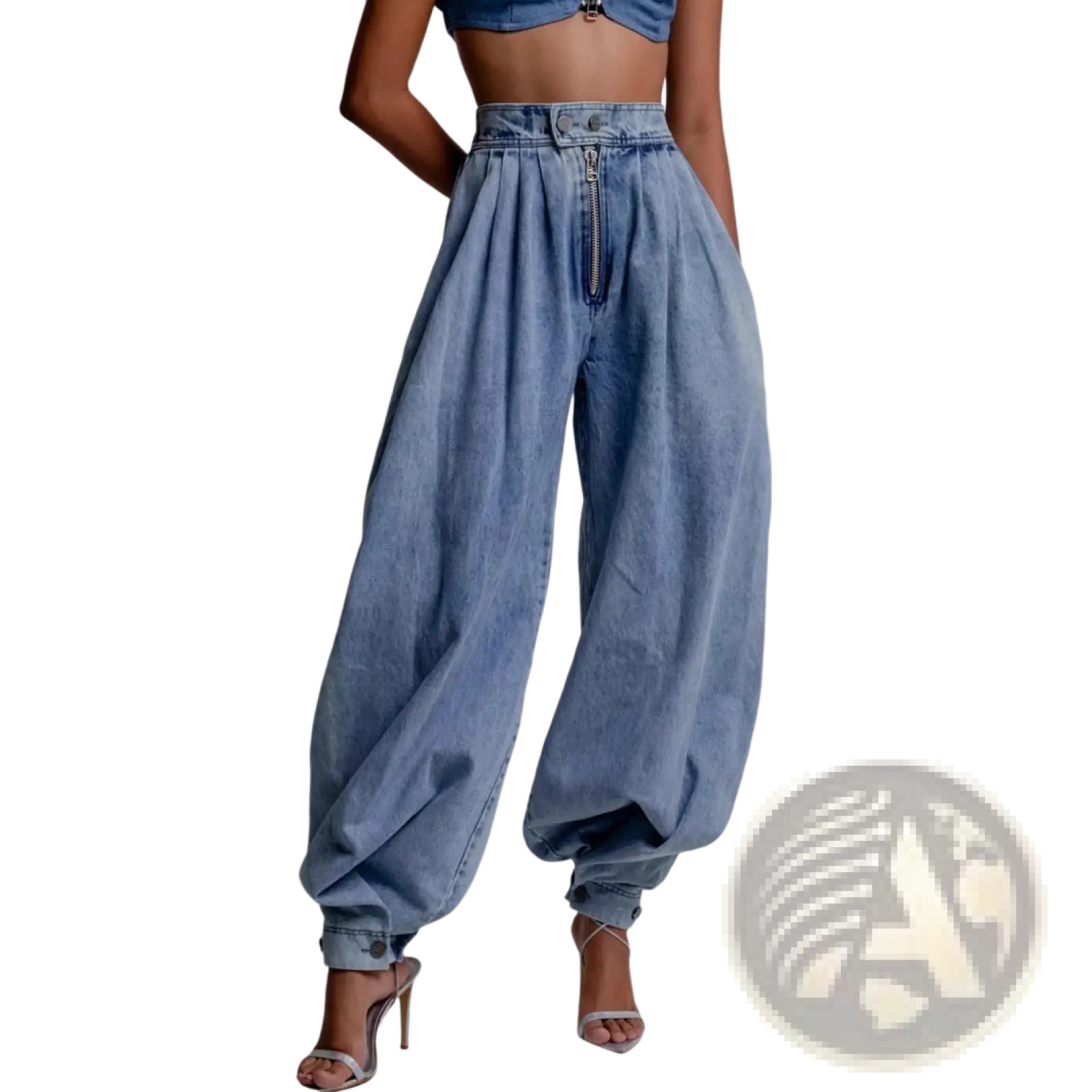 Light wash denim high-rise harem pants with a zipper front and cuffed ankles for casual wear