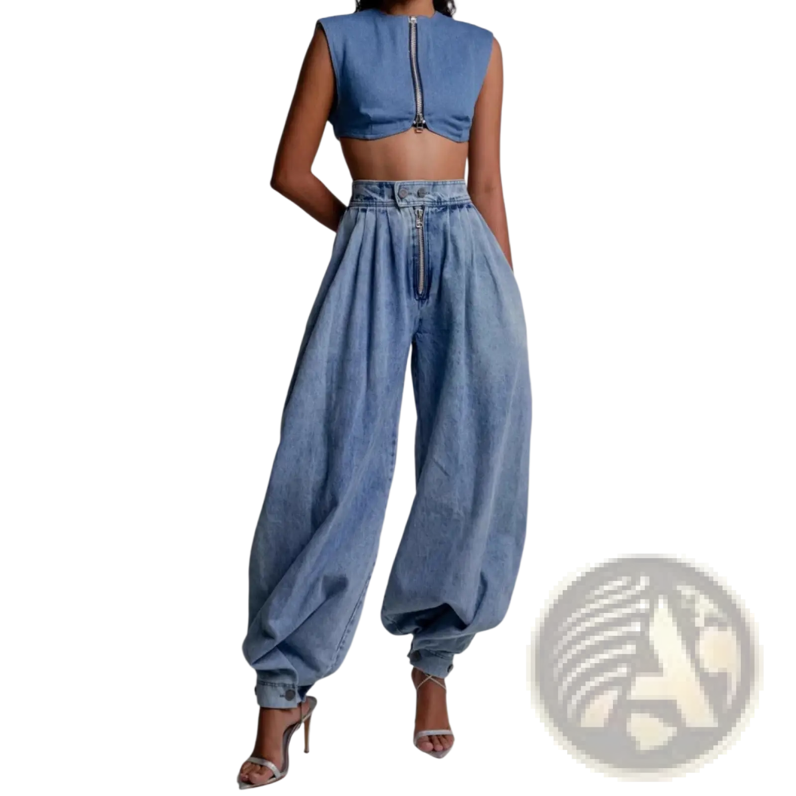 Light wash denim high-rise wide-leg harem pants with front zipper detail and cuffed ankles