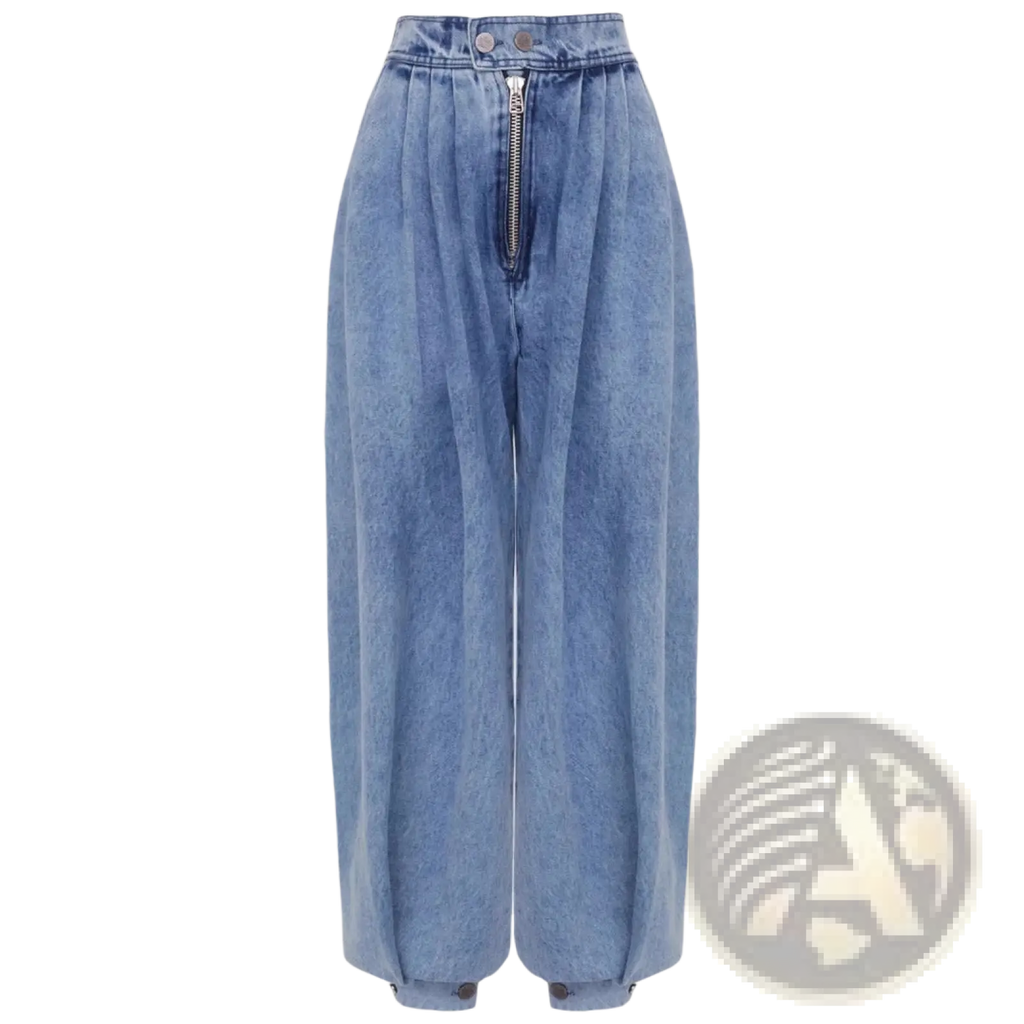 Light wash denim harem pants with high-rise wide-leg fit and front zipper and button closure