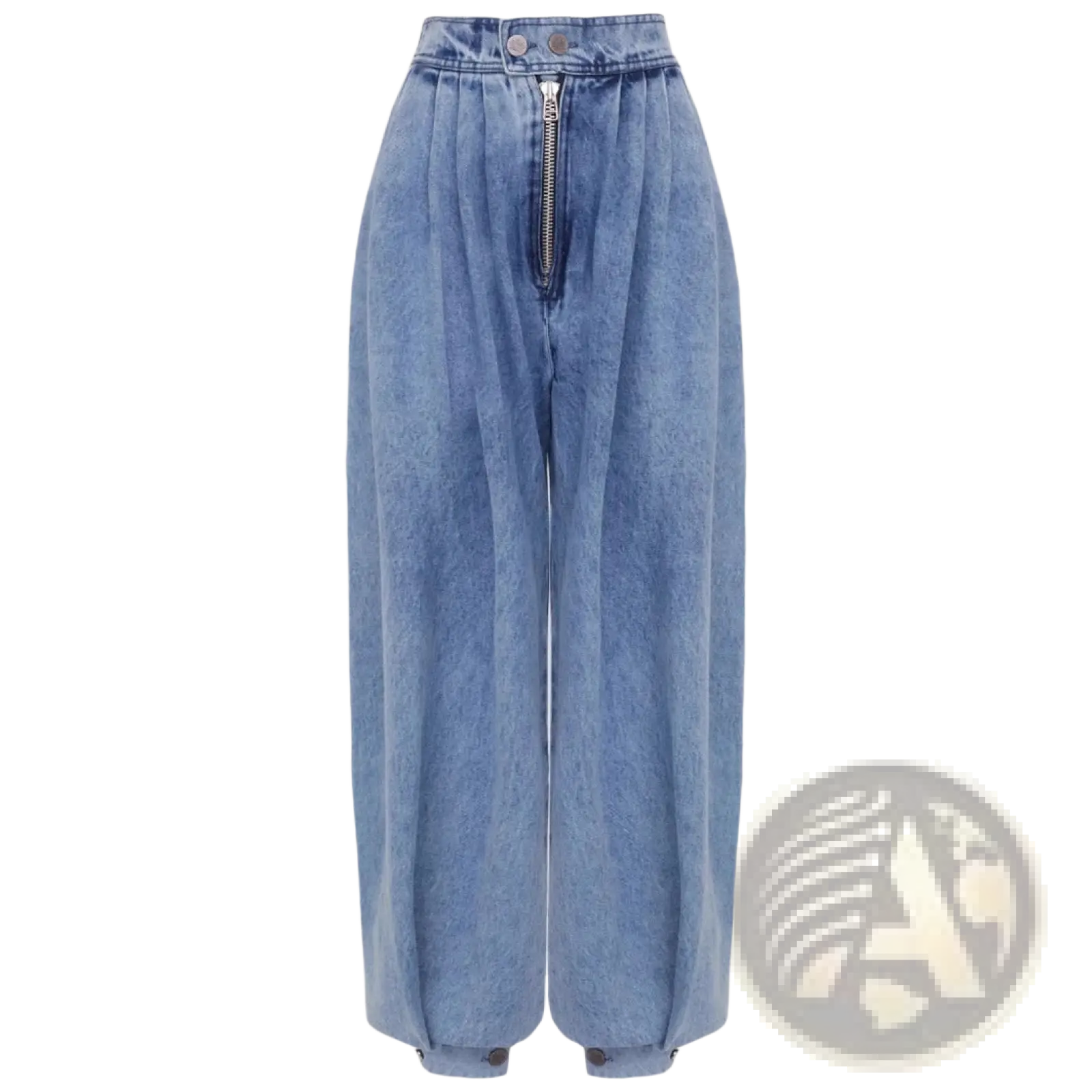Light wash denim harem pants with high-rise wide-leg fit and front zipper and button closure