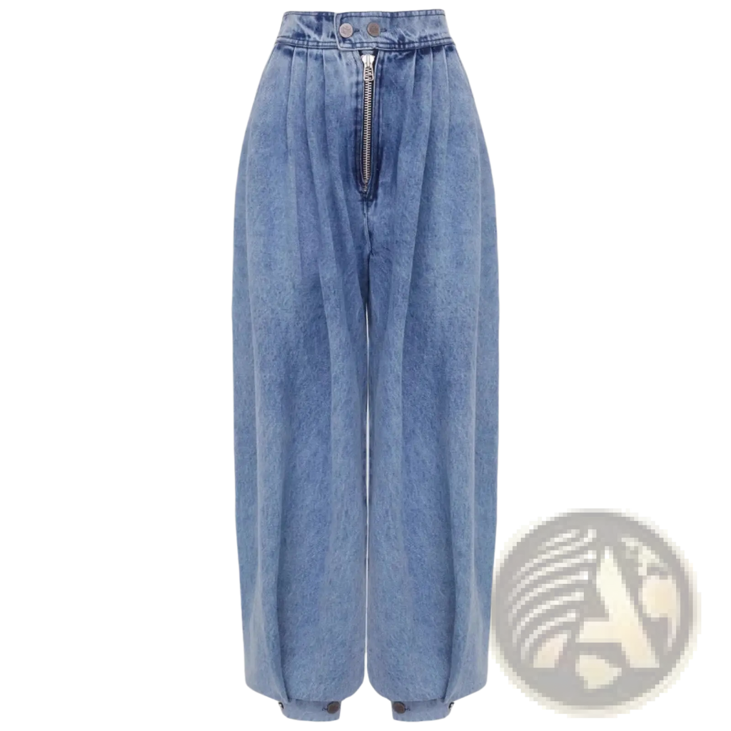 Light wash denim harem pants with high-rise wide-leg design and front zipper and button closure
