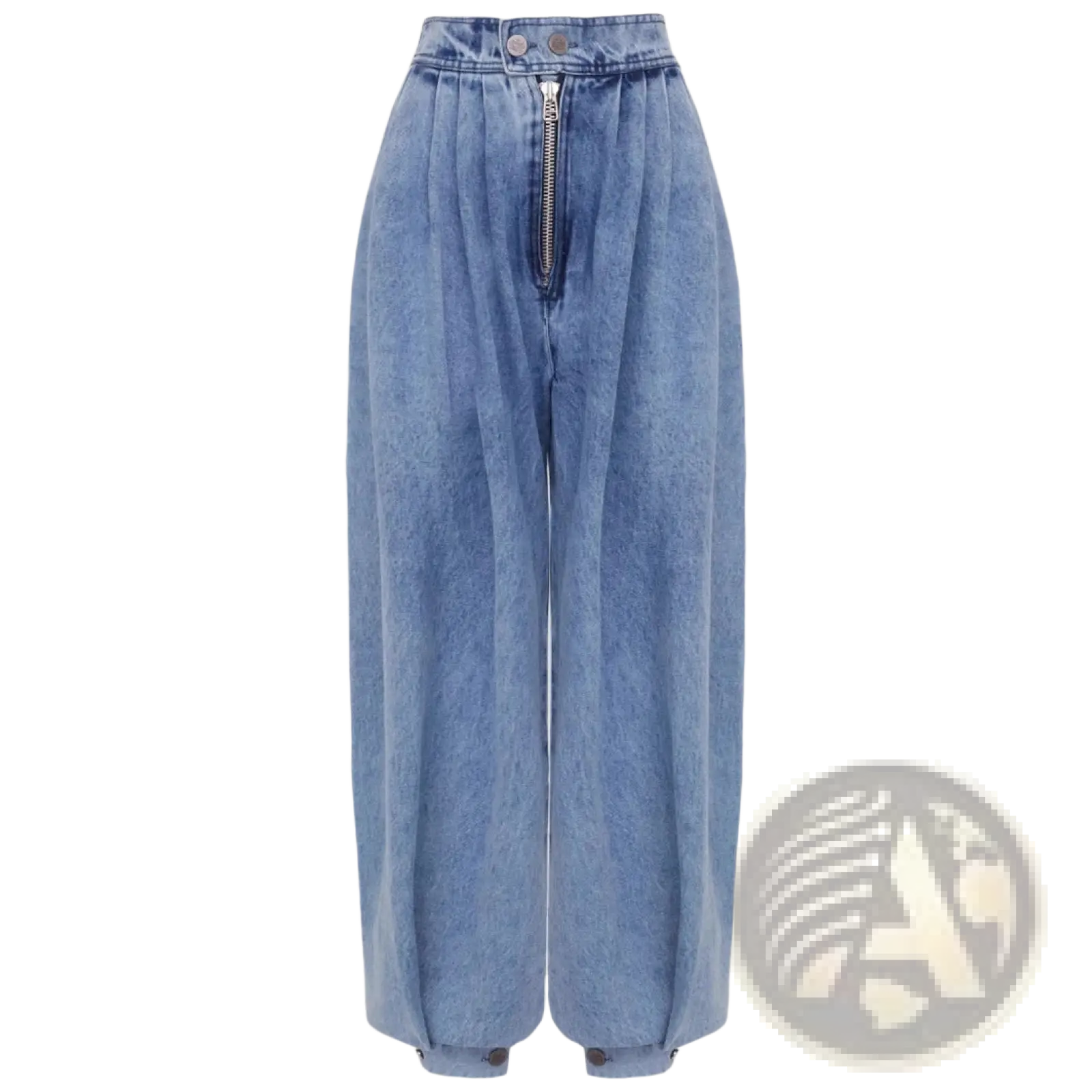 Light wash denim harem pants with high-rise wide-leg design and front zipper and button closure