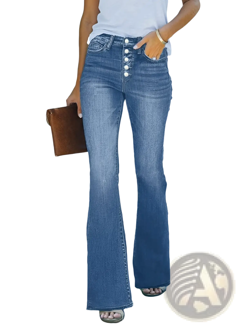 Light wash blue denim flare jeans for women featuring a button front slim fit design