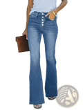 Light wash blue denim flare jeans for women featuring a button front slim fit design