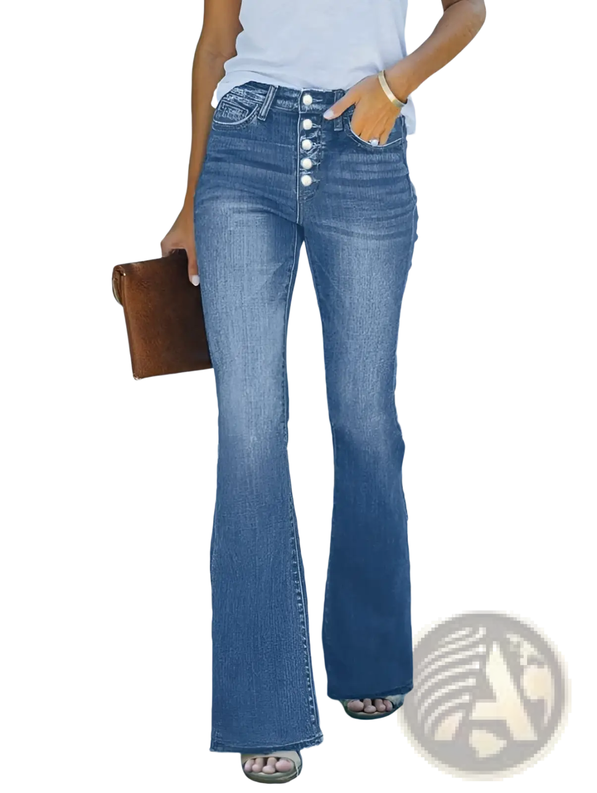 Light wash blue denim flare jeans for women featuring a button front slim fit design