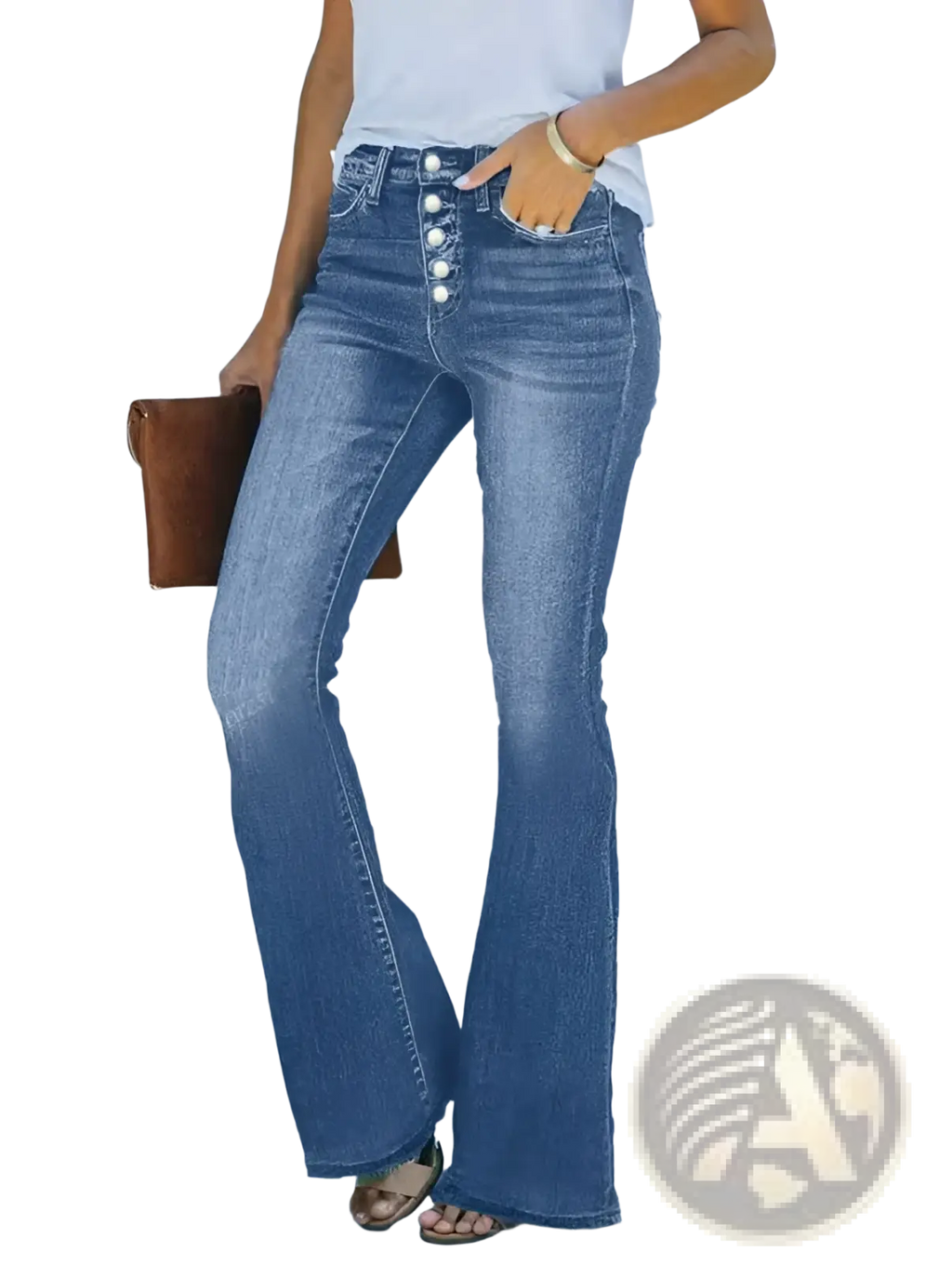 Light wash blue denim flare jeans for women featuring a button-front design and slim fit