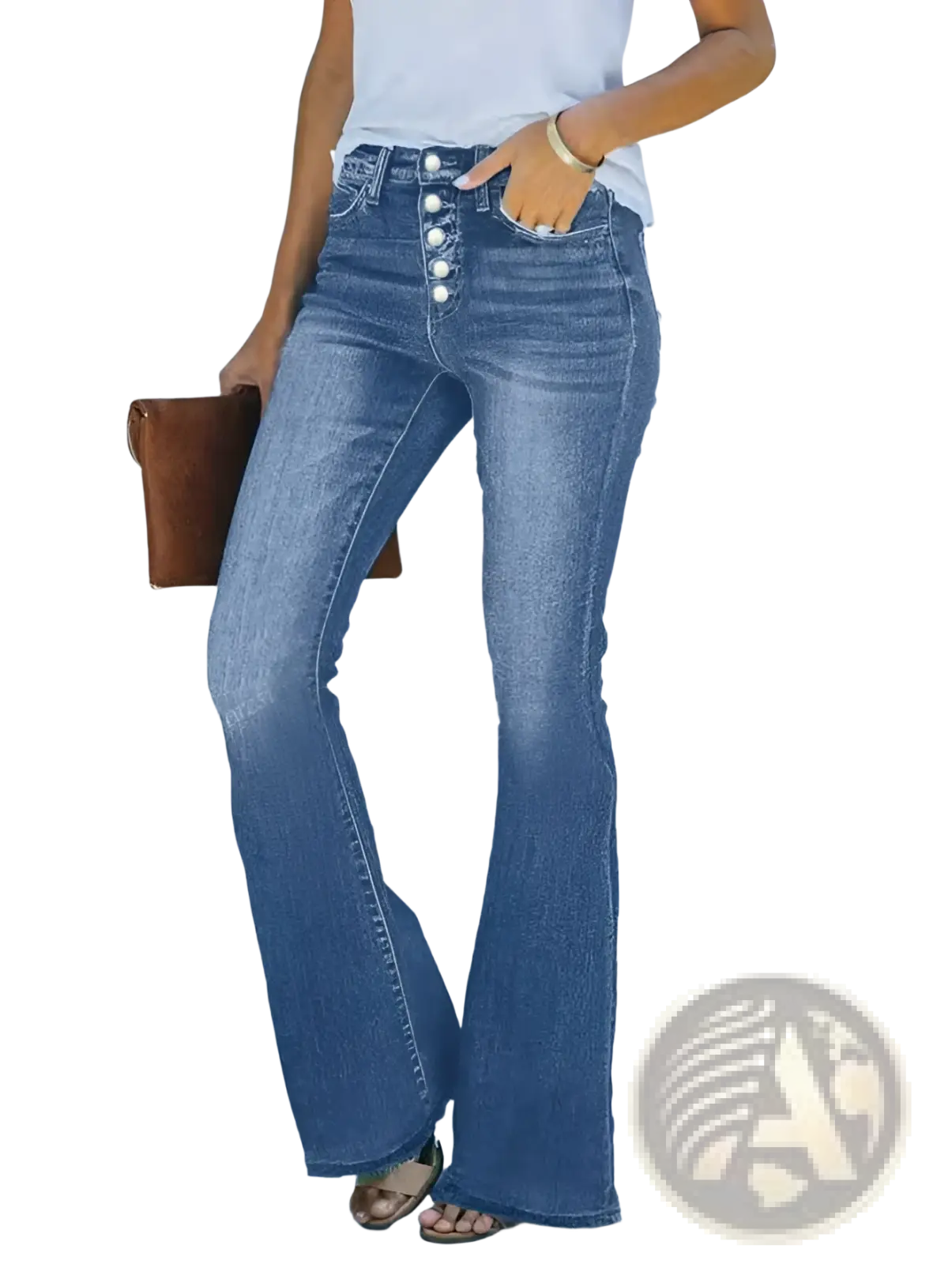 Light wash blue denim flare jeans for women featuring a button-front design and slim fit
