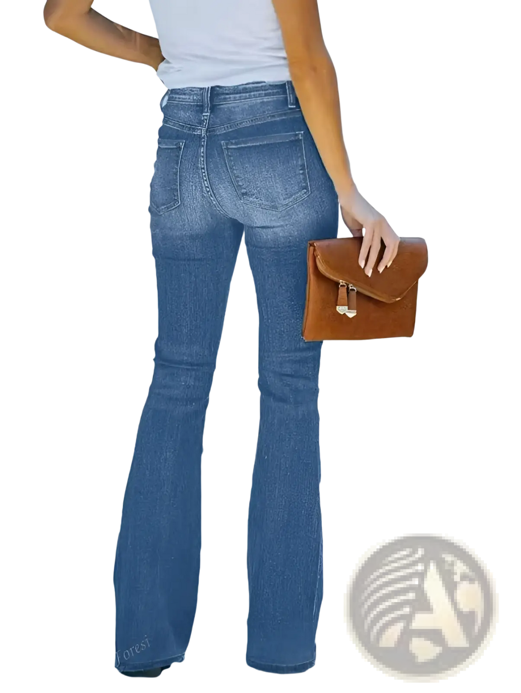 Brown leather clutch with flap and gold-tone hardware paired with light wash flare jeans for women in slim denim design