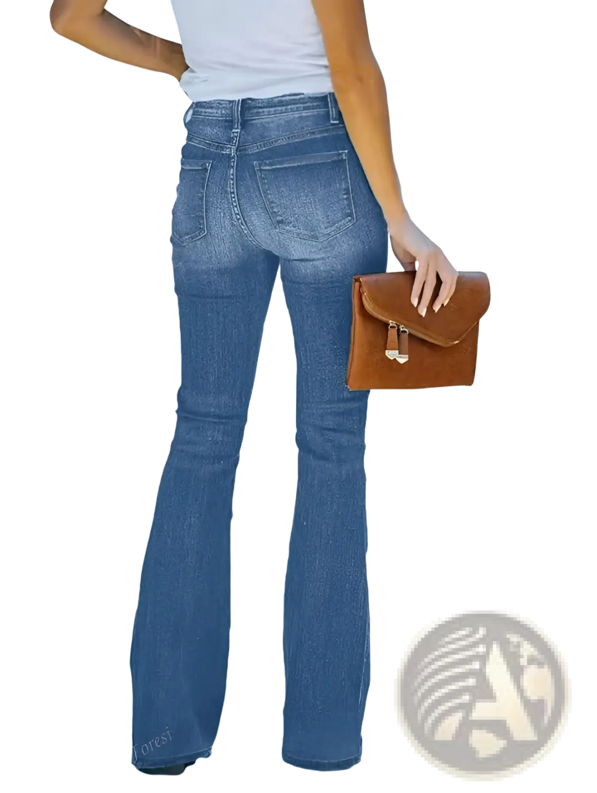 Brown leather clutch with flap and gold-tone hardware paired with light wash flare jeans for women in slim denim design