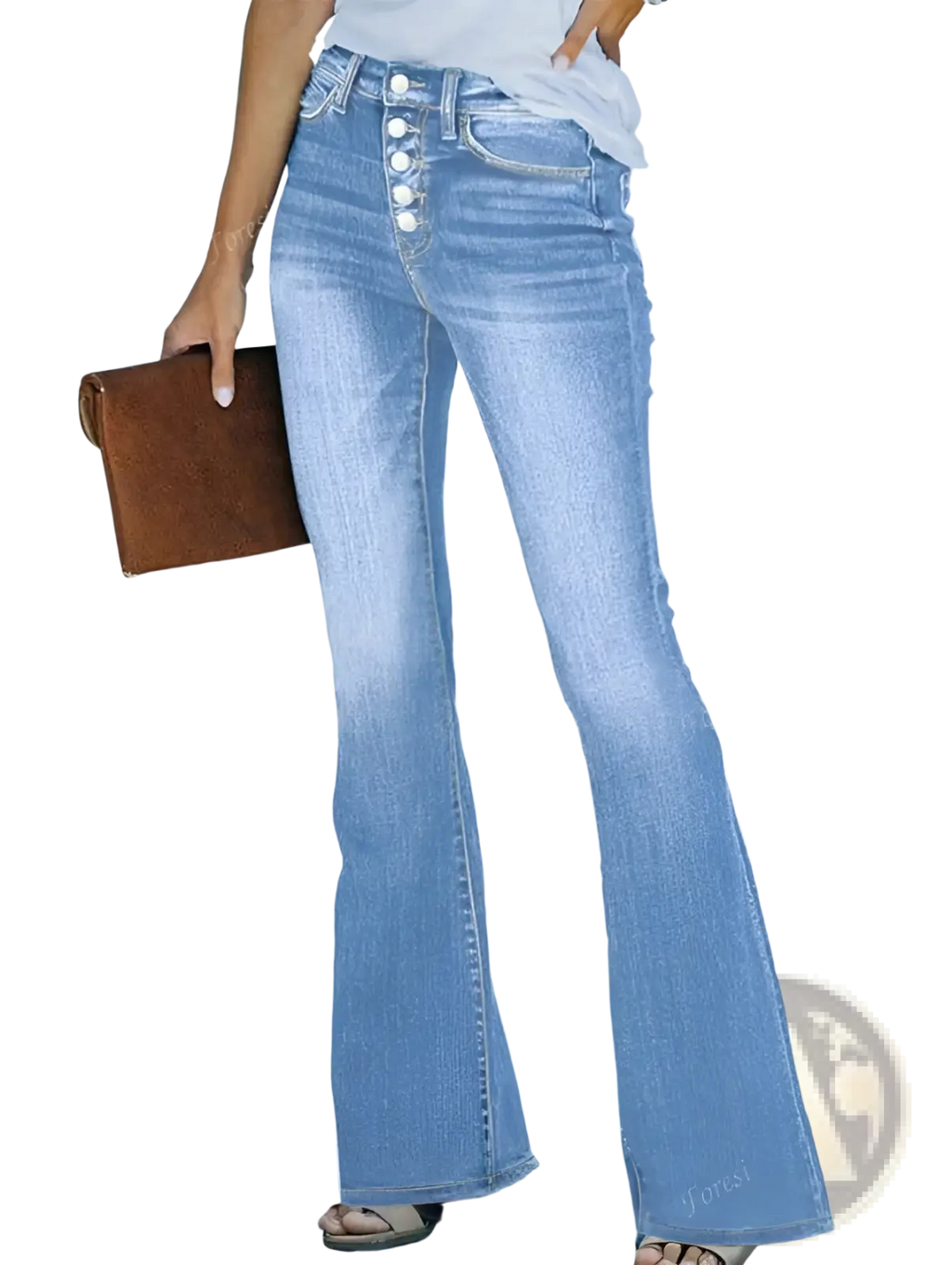 Light wash slim denim flare jeans for women featuring a button-front design and light-wash finish