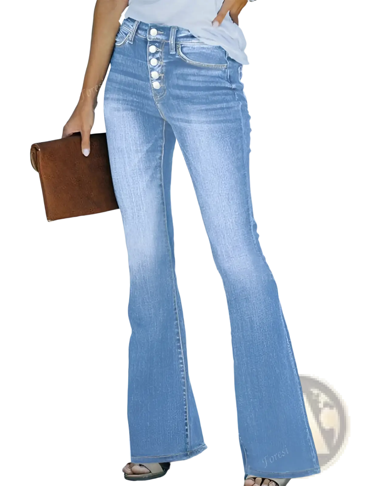 Light wash slim denim flare jeans for women featuring a button-front design and light-wash finish