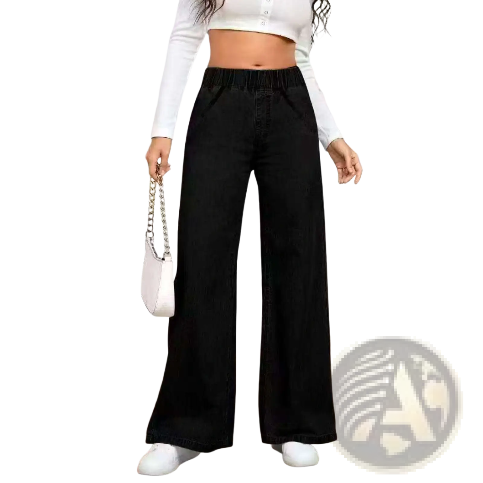 Black wide-leg denim pants with elastic waistband made of light wash denim for comfortable casual wear