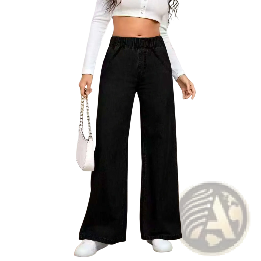 Black wide-leg denim pants with elastic waistband made from light wash denim for casual wear
