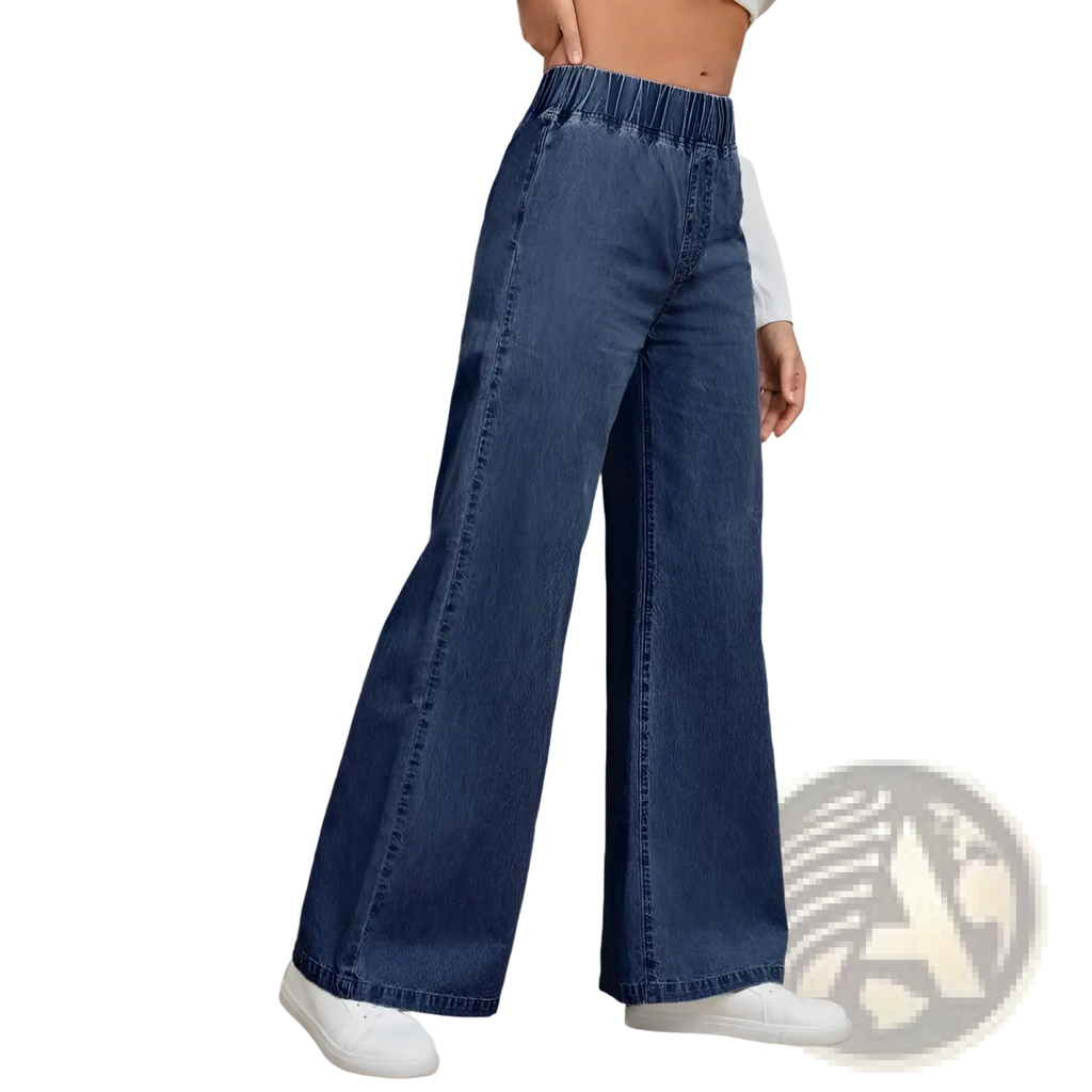 Light wash blue denim wide leg pants with an elastic waistband for comfortable casual wear