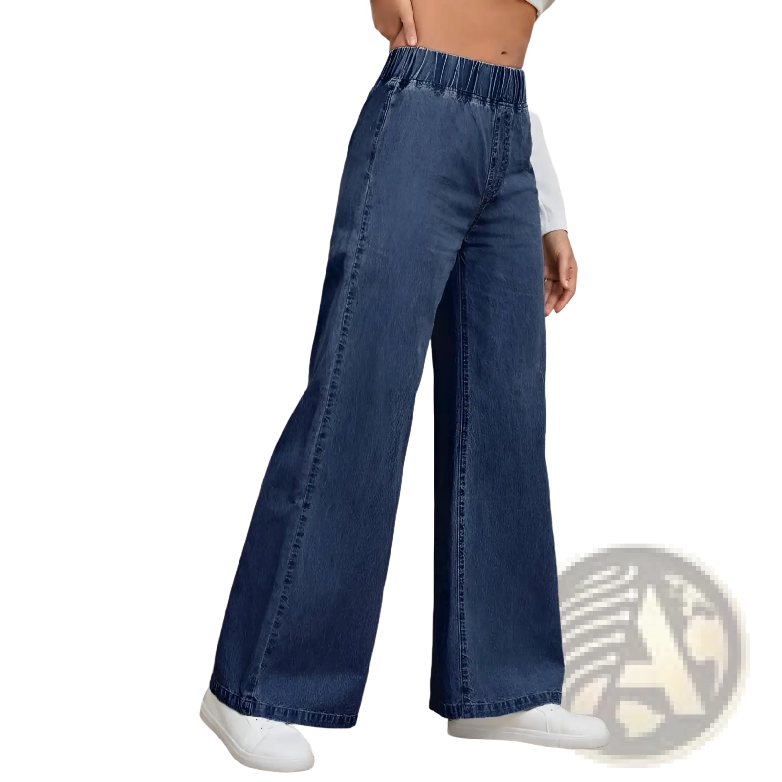 Light wash blue denim wide leg pants with an elastic waistband for comfortable casual wear