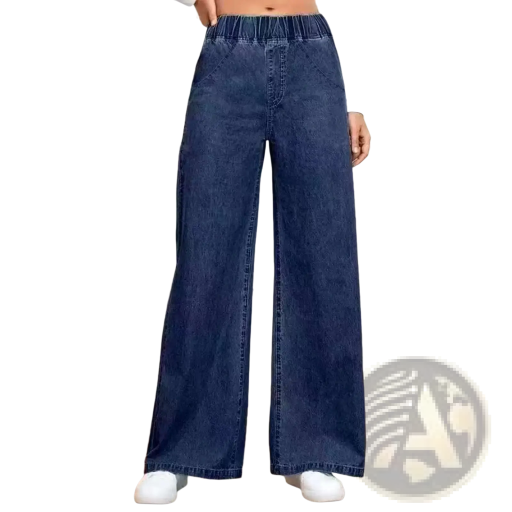 Light wash wide leg denim pants in dark blue with elastic waistband made of denim material